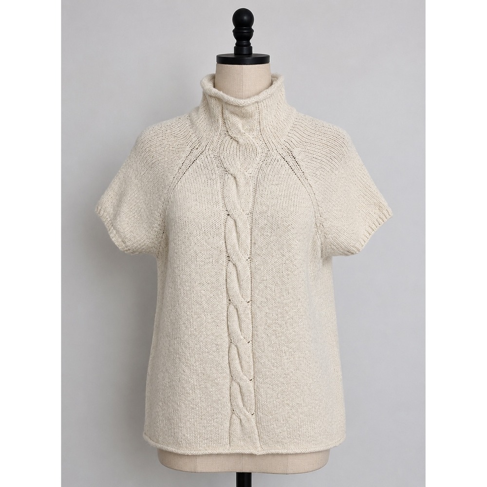 LL Bean Womens XL Cream Cable Knit Short Sleeve Turtleneck Cotton Sweater Ivory